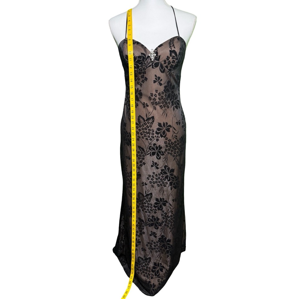 Vintage Y2K Flocked Floral Maxi Dress Spaghetti Strap Formal Evening USA 3 4 - Picture 7 of 8